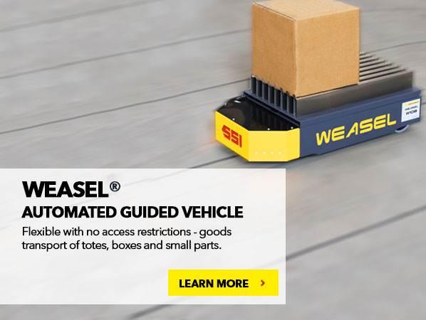 WEASEL® AUTOMATED GUIDED VEHICLE. Flexible with no access restrictions - goods transport of totes, boxes and small parts