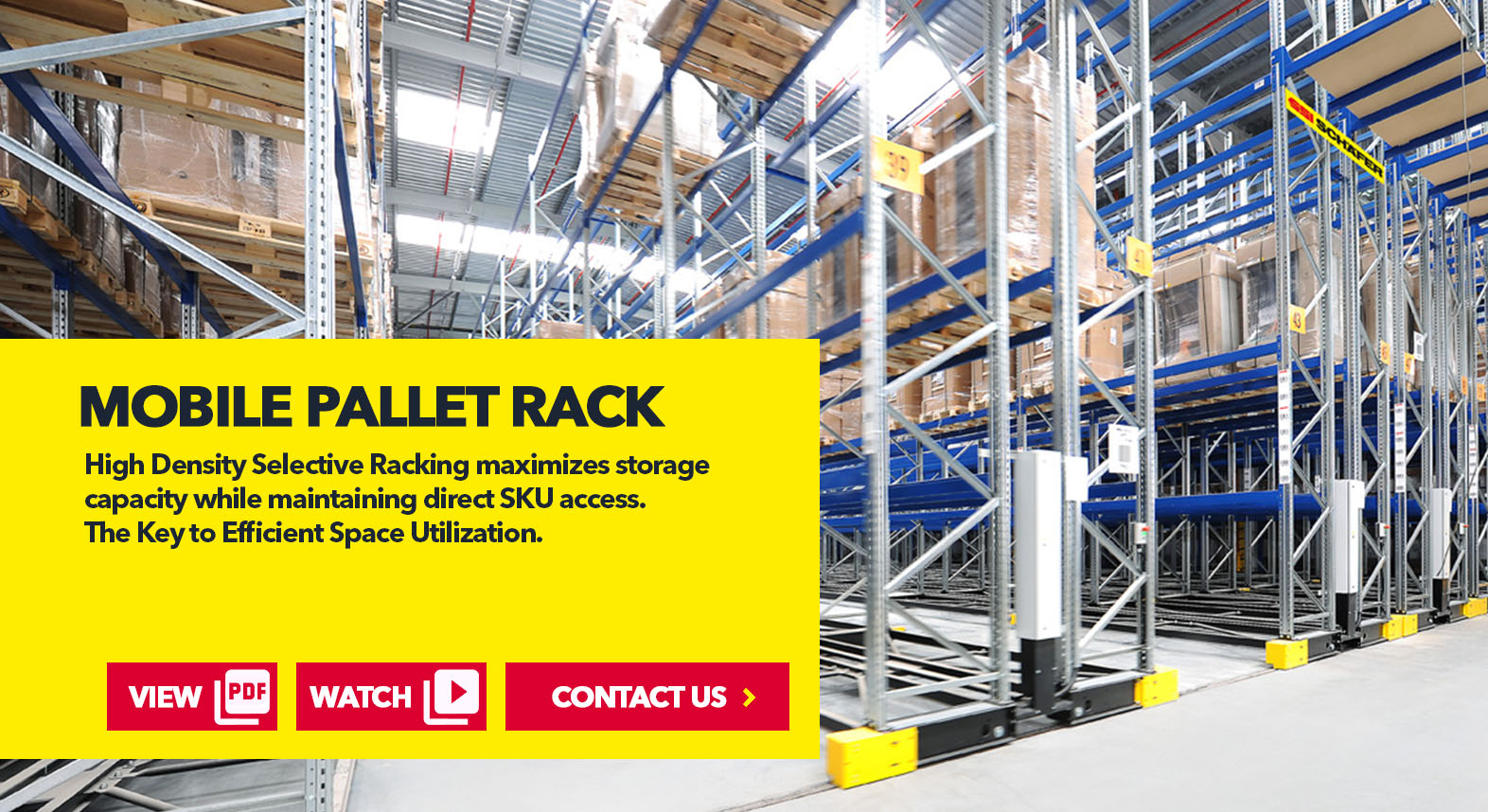 Mobile Pallet Rack by SSI Schaefer USA Download Guide, Watch Video, Contact Us. www.chaefershelving.com