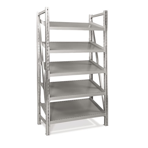 Single Deep Tilted On-Line Gravity Shelving for all your assembly line picking and storage needs, by SSI Schaefer