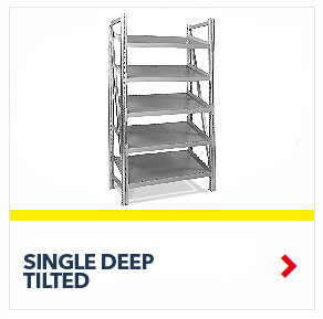 Single Deep Tilted On-Line Gravity Shelving for all your assembly line picking and storage needs, by SSI Schaefer